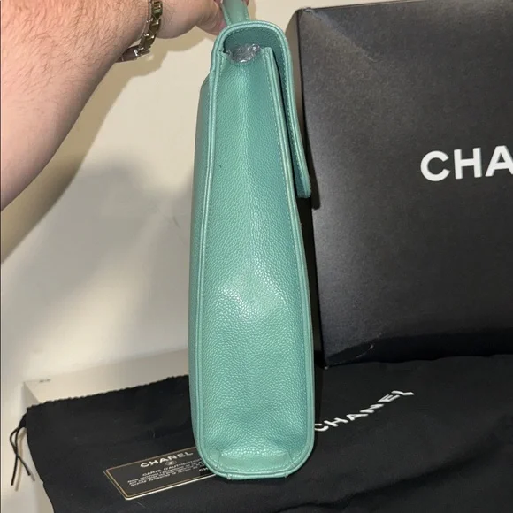 CHANEL Turquoise Seafoam green caviar leather classic briefcase Kelly top handle - Picture 6 of 16
